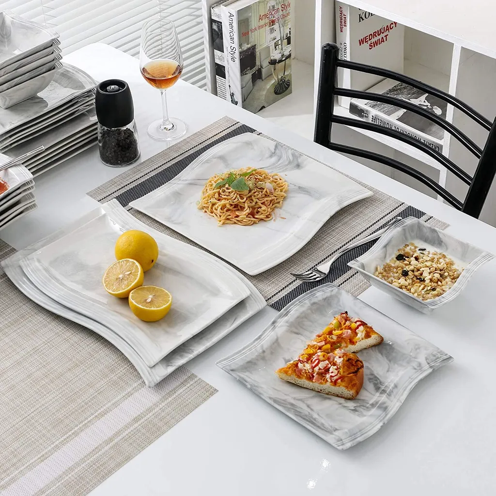 MALACASA, Serie Flora, 32 Tlg. Marmor Porzellan Geschirrset Kombiservice Tafelservice Mit 6 Schalen, 6 Dessertteller, 6 Suppenteller, 6 Speiseteller, 6 Becher Und 2 Rechteckige Servierplatte 5 MALACASA, Serie Flora, 32 Tlg. Marmor Porzellan Geschirrset Kombiservice Tafelservice Mit 6 Schalen, 6 Dessertteller, 6 Suppenteller, 6 Speiseteller, 6 Becher Und 2 Rechteckige Servierplatte – Bild 3