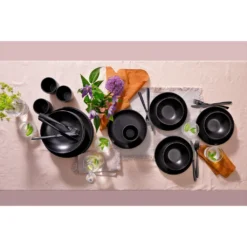 Mammoet Moon Geschirrset 6 Personen, Steingut, Bestehend Aus Tiefen Und Flachen Tellern Sowie Schalen – Je 6 Stück, Matt Schwarz, Moderne Form, Spülmaschinenfest -Küchenutensilien 6781fa78149ed8fb7ae721c4ba73fa91