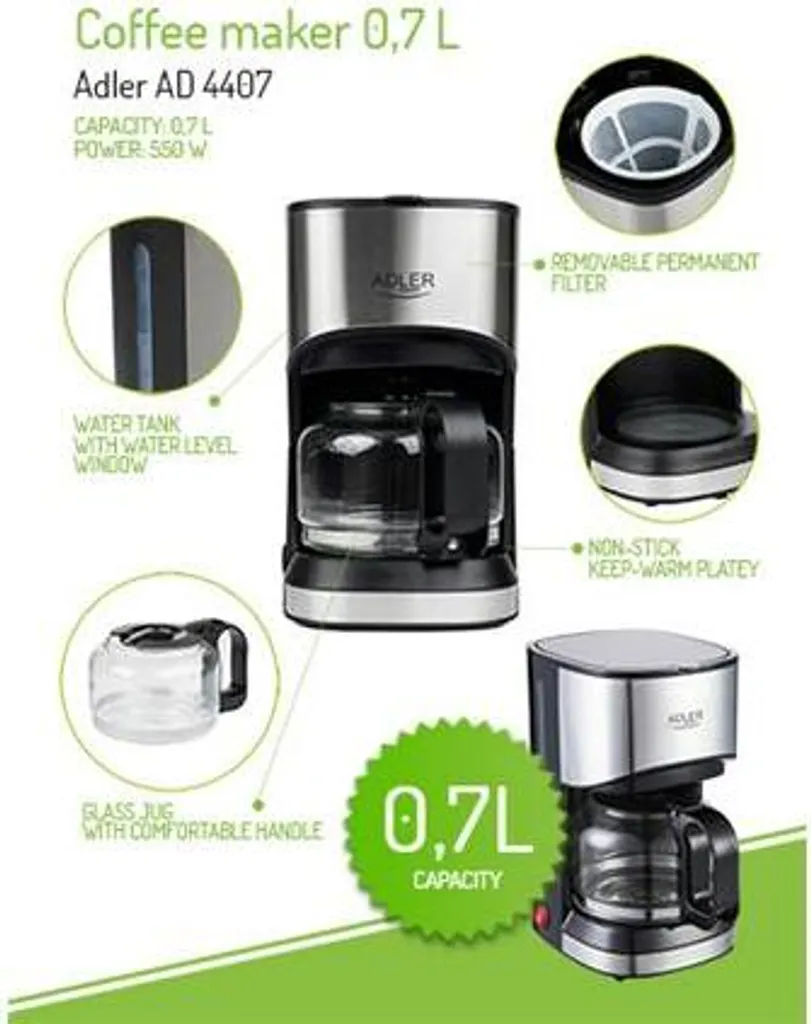 Adler AD-4407 Tropfkaffeemaschine 8 Tassen, Edelstahl, BPA-frei, 550 W, 550 W, 0,7 Liter, Schwarz Und Grau 8 Adler AD-4407 Tropfkaffeemaschine 8 Tassen, Edelstahl, BPA-frei, 550 W, 550 W, 0,7 Liter, Schwarz Und Grau – Bild 6