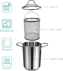 Navaris Spargeltopf Kochtopf Nudeltopf 3,9l - Topf Zum Kochen Von Spargel Oder Spaghetti - Aus Edelstahl Mit Siebeinsatz - BPA-frei Spülmaschinenfest