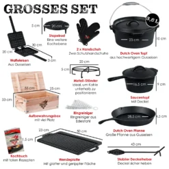 KESSER® Dutch Oven Set In Holzkiste Mit Dutch Oven Mit Viel Zubehör - Gusseisen - Bereits Eingebrannt Mit Kochtopf Grillplatte Pfanne Deckelheber Inkl. Rezeptbuch Handschuhe, Farbe:12-Teilig -Küchenutensilien 8a30dbe3b0e817c3ca27cbbafecb2dfa
