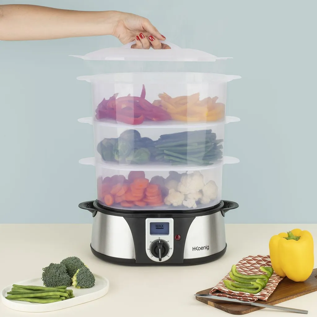 H.Koenig Elektro-Dampfgarer Ohne BPA 12 Liter, 3 Herausnehmbare Behälter, 1000 W, Timer Bis Zu 60 Minuten VAP12, Kunststoff, Metall, Single 12 H.Koenig Elektro-Dampfgarer Ohne BPA 12 Liter, 3 Herausnehmbare Behälter, 1000 W, Timer Bis Zu 60 Minuten VAP12, Kunststoff, Metall, Single – Bild 10