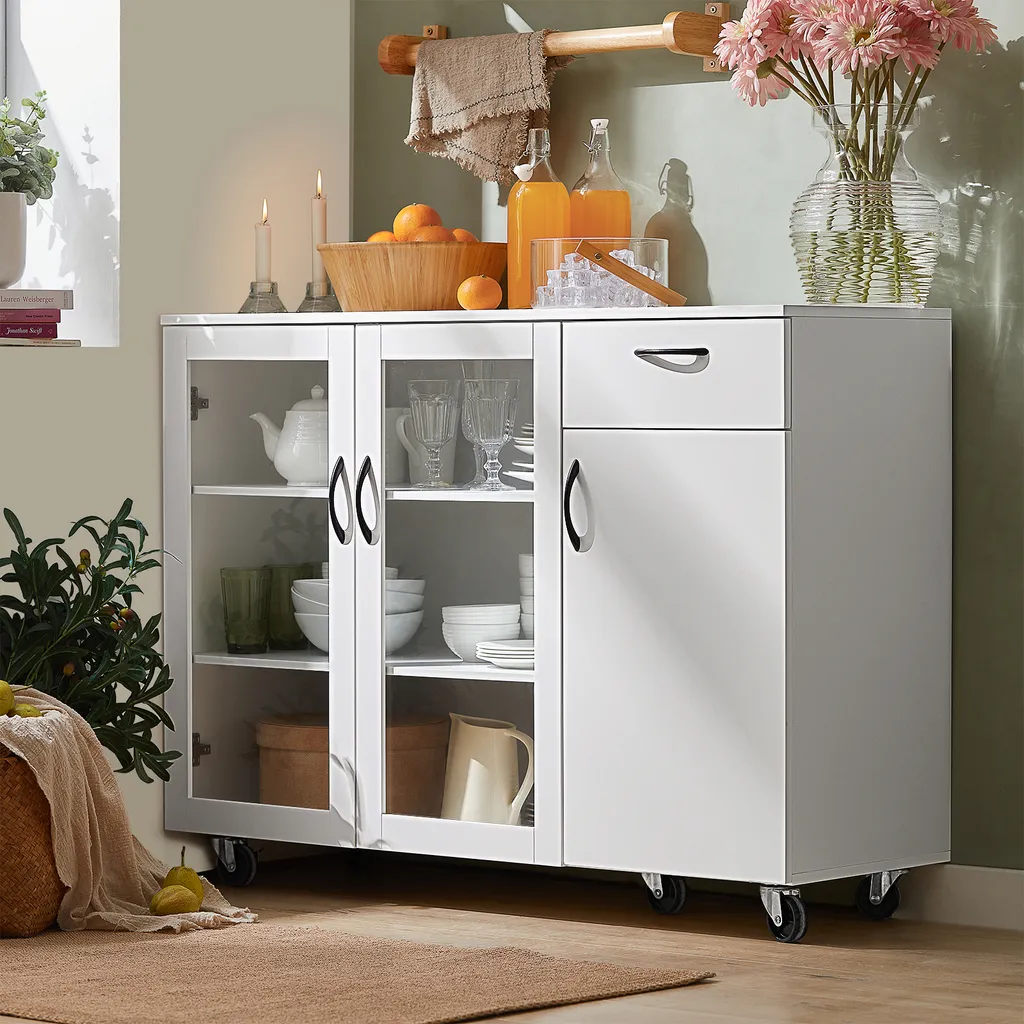 SoBuy FSB57-W Sideboard Auf Rollen Küchenwagen Küchenschrank Rollwagen Aufbewahrungsschrank Küchekommode Küchentrolley Weiß BHT Ca.: 116x86x40cm 5 SoBuy FSB57-W Sideboard Auf Rollen Küchenwagen Küchenschrank Rollwagen Aufbewahrungsschrank Küchekommode Küchentrolley Weiß BHT Ca.: 116x86x40cm – Bild 3