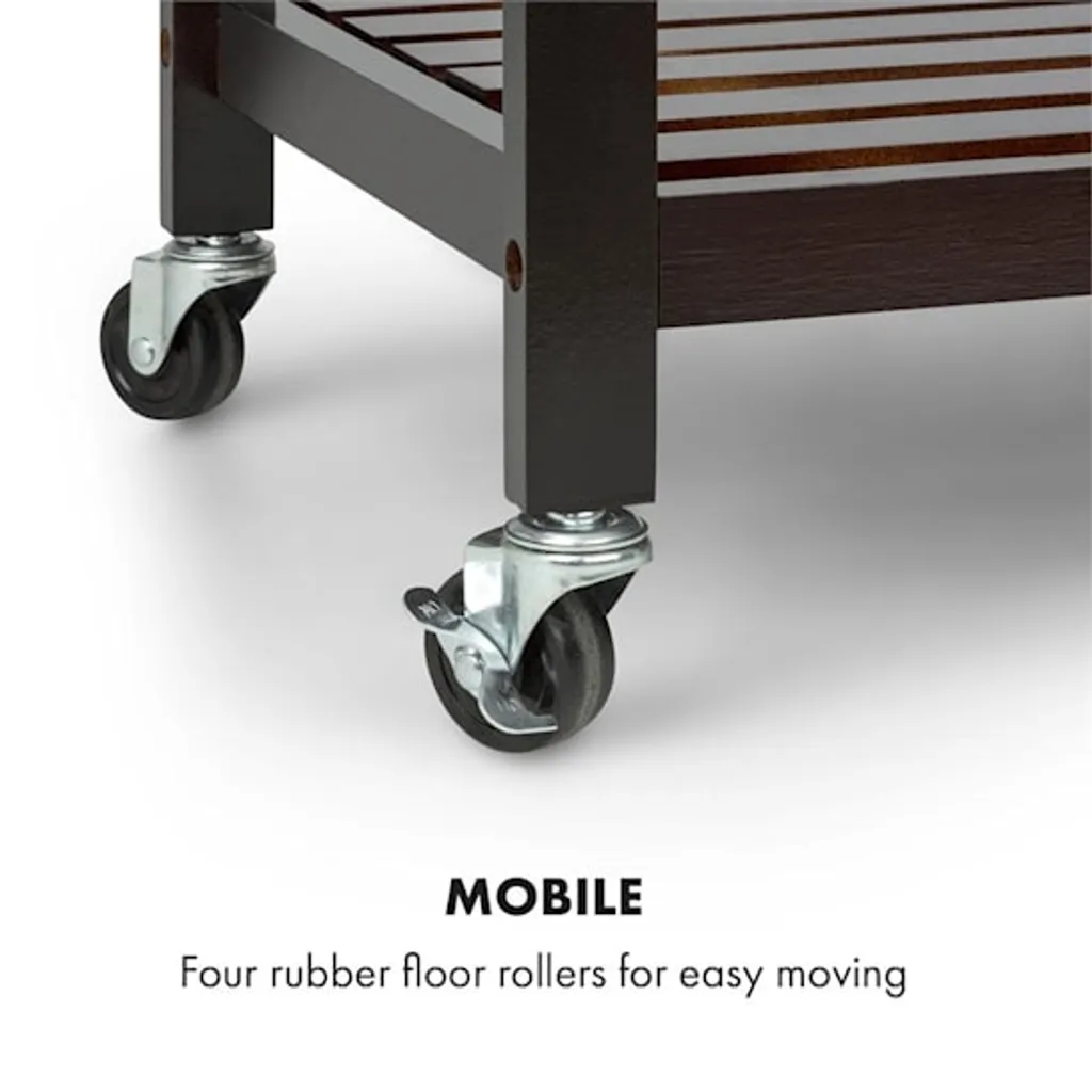 Klarstein Vermont - Küchenwagen, Servierwagen, Küchenrollwagen, 4 Etagen, DREI Ablagen, Herausnehmbare Schublade, Flaschenablage, Edelstahl-Arbeitsplatte, Echtholz, Rollen, Dunkelbraun 9 Klarstein Vermont - Küchenwagen, Servierwagen, Küchenrollwagen, 4 Etagen, DREI Ablagen, Herausnehmbare Schublade, Flaschenablage, Edelstahl-Arbeitsplatte, Echtholz, Rollen, Dunkelbraun – Bild 7