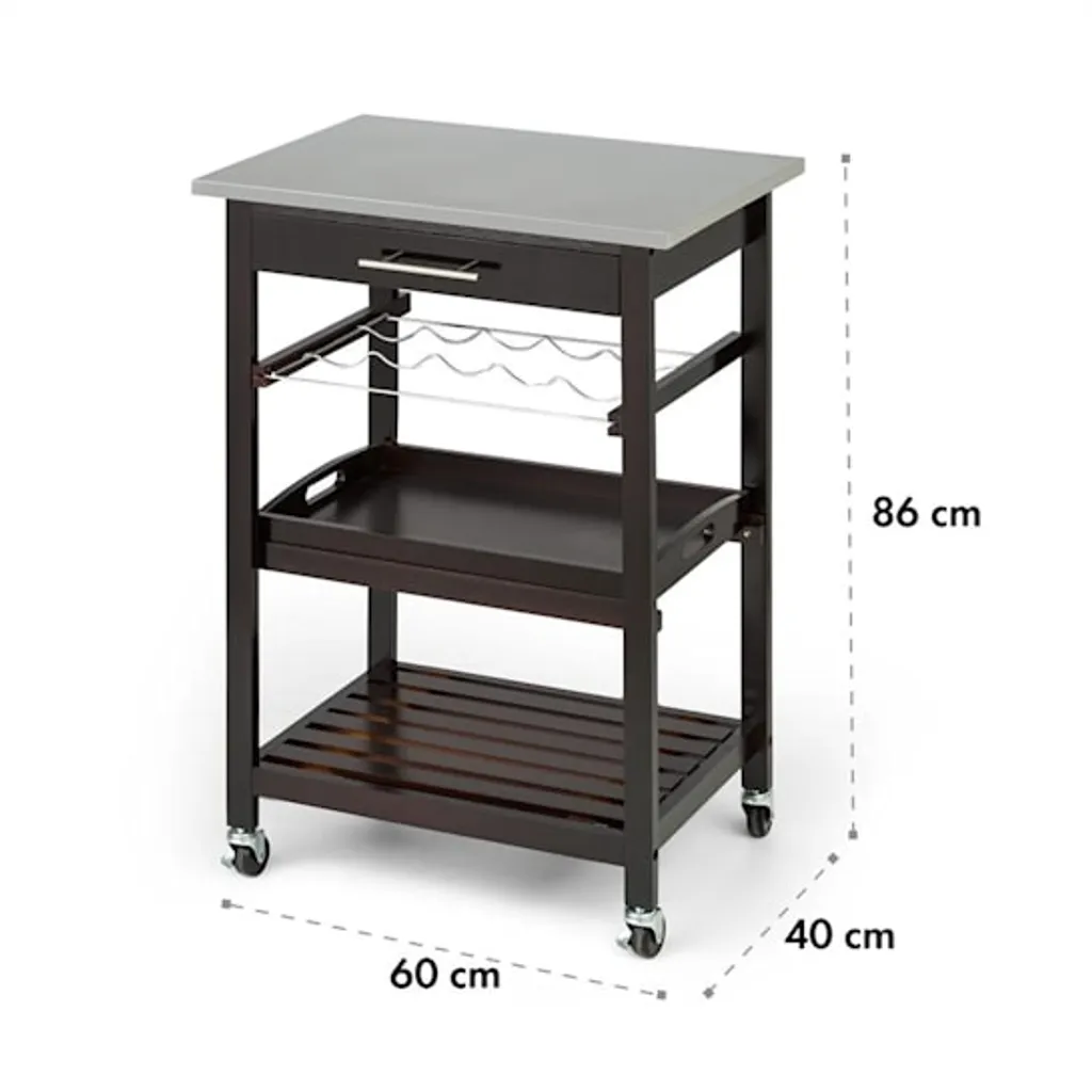 Klarstein Vermont - Küchenwagen, Servierwagen, Küchenrollwagen, 4 Etagen, DREI Ablagen, Herausnehmbare Schublade, Flaschenablage, Edelstahl-Arbeitsplatte, Echtholz, Rollen, Dunkelbraun 10 Klarstein Vermont - Küchenwagen, Servierwagen, Küchenrollwagen, 4 Etagen, DREI Ablagen, Herausnehmbare Schublade, Flaschenablage, Edelstahl-Arbeitsplatte, Echtholz, Rollen, Dunkelbraun – Bild 8