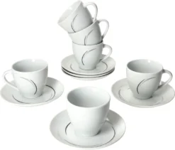 Van Well 18tlg. Kaffee-Service Home Für 6 Personen I 6x Tasse 180ml, 6x Untertasse + 6x Kuchenteller I Porzellan-Geschirr Mit Streifen In Grau, Schwarz & Creme I Kaffeepott, Dessert-Teller -Küchenutensilien caf512b146906008b2f9a9747a800b61