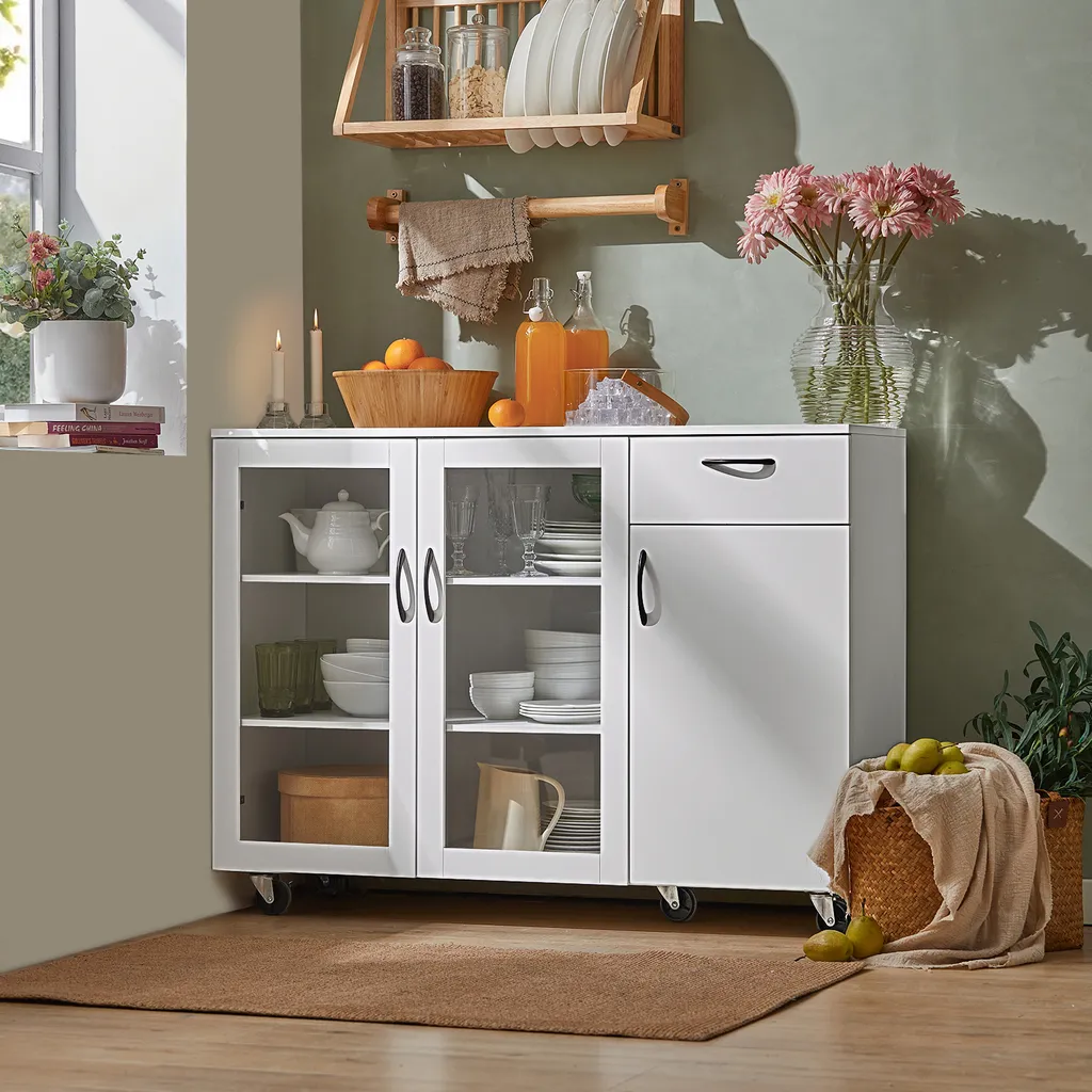 SoBuy FSB57-W Sideboard Auf Rollen Küchenwagen Küchenschrank Rollwagen Aufbewahrungsschrank Küchekommode Küchentrolley Weiß BHT Ca.: 116x86x40cm 3 SoBuy FSB57-W Sideboard Auf Rollen Küchenwagen Küchenschrank Rollwagen Aufbewahrungsschrank Küchekommode Küchentrolley Weiß BHT Ca.: 116x86x40cm