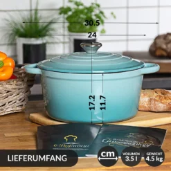 Gusseisen Topf Brot Backen 24 Cm - 3,5 L Schmortopf Gusseisen Emailliert Zum Schmoren, Backen Und Braten - Brotbacktopf Mit Deckel Induktion - (3,5 L, Blau) -Küchenutensilien e851c6f7d59dc640460113333c415bfa