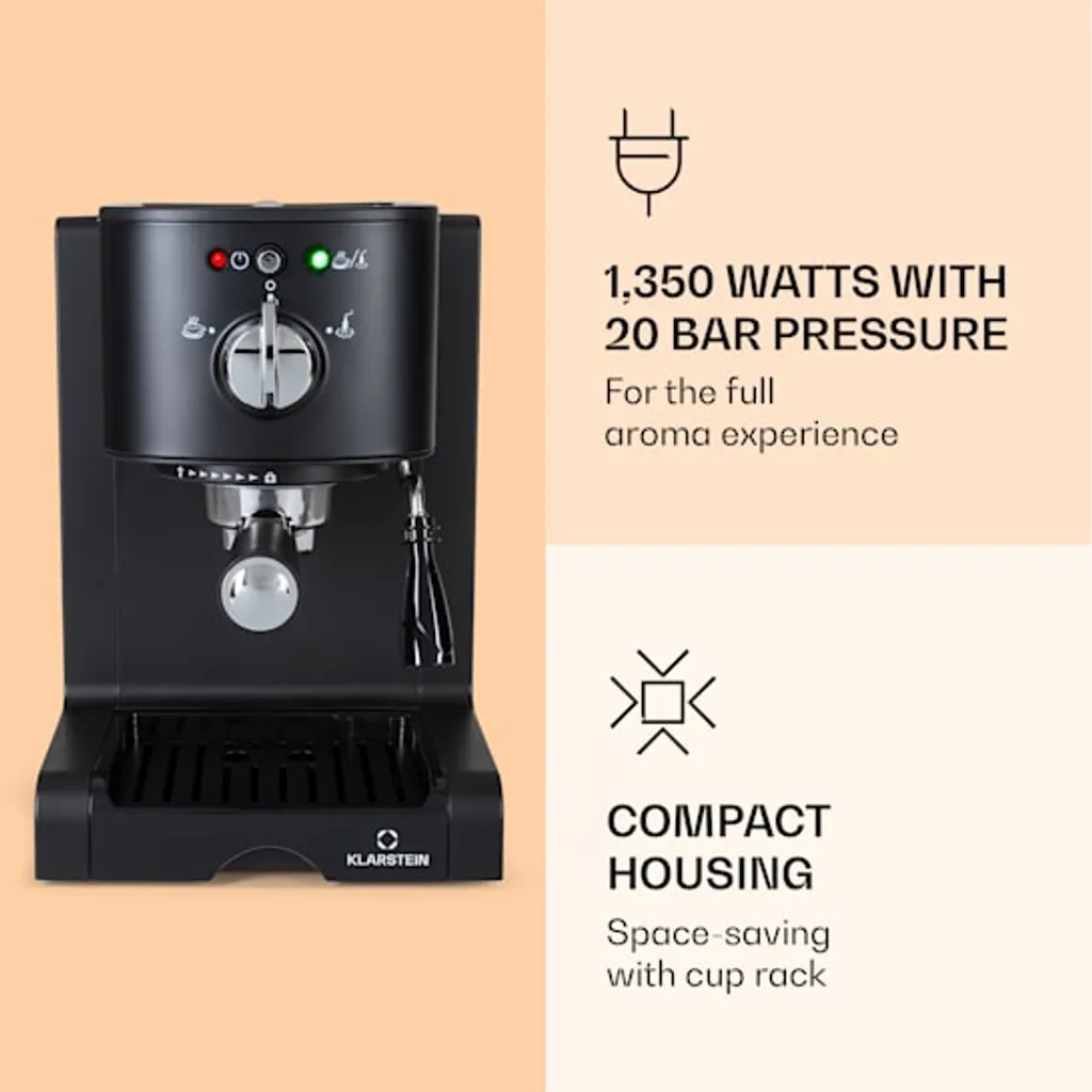 Klarstein Passionata 20 - Espressomaschine, Espresso-Automat, Kaffee-Maschine, 1350 Watt, 1,25 Liter, Automatischer Druckablass, Inkl. Milchschaum Düse Für Zubereitung Von Cappuccino, Schwarz 5 Klarstein Passionata 20 - Espressomaschine, Espresso-Automat, Kaffee-Maschine, 1350 Watt, 1,25 Liter, Automatischer Druckablass, Inkl. Milchschaum Düse Für Zubereitung Von Cappuccino, Schwarz – Bild 3