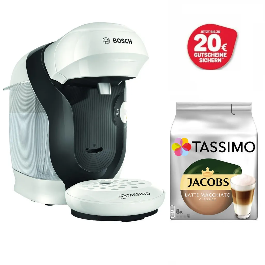 Bosch TASSIMO Style Weiß +20€ Gutschein 1400 Watt +1 Packung Latte Macchiato 3 Bosch TASSIMO Style Weiß +20€ Gutschein 1400 Watt +1 Packung Latte Macchiato