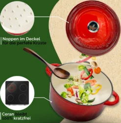 Funkenflug® Gusseisen Topf Brot Backen 4,7 Liter In Rot [Induktionsgeeignet] Inkl. Rezeptbuch - Für Einzigartigen Brotgenuss - Auch Als Schmortopf Einsetzbar - Gusseisen Emaille Topf - Bräter Gusseisen -Küchenutensilien fd548e7340b9916fa522c9d65669a159